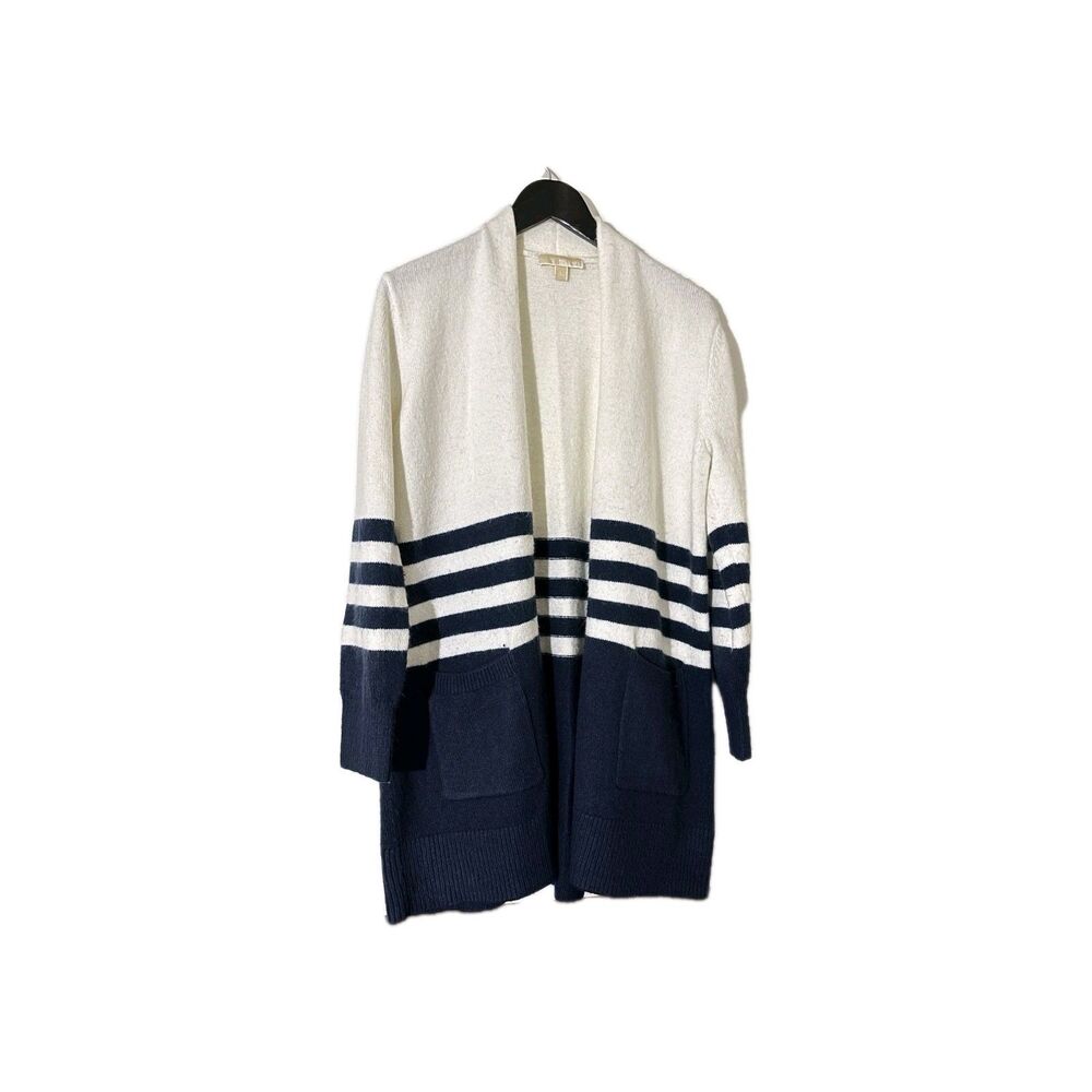 Michael Kors Striped Duster Cardigan Sweater Navy White Open Front Long Size L